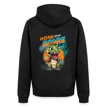 Basketball Dino T-Rex Spieler Sport Comic Cartoon - Unisex Premium Bio Zip Hoodie - Schwarz - Hinten - Nico (187cm)