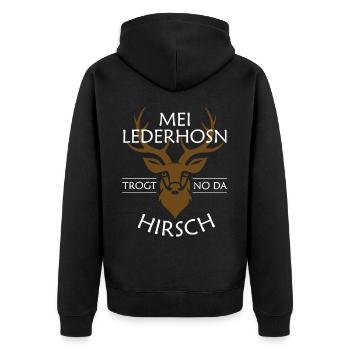 Mei Lederhosn trogt no da Hirsch Geweih - Unisex Premium Bio Zip Hoodie - Schwarz - Hinten - Nico (187cm)