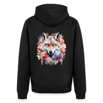 Wolf Wolfskopf Blumen Natur Wildnis Aquarell Kunst - Unisex Premium Bio Zip Hoodie - Schwarz - Hinten - Nico (187cm)