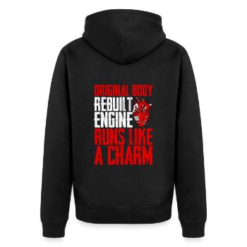 Original Body, Rebuilt Engine, Runs Like A Charm 3 - Unisex Premium Organic Zip Hoodie - black - Back - Nico (187cm)