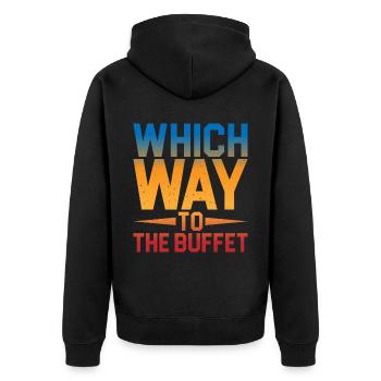 Which Way To The Buffet 12 - Unisex Premium Bio Zip Hoodie - Schwarz - Hinten - Nico (187cm)