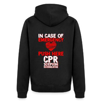 In Case Of Emergency, Push Here, Cpr 3 - Unisex Premium Organic Zip Hoodie - black - Back - Nico (187cm)