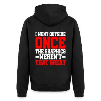I Went Outside Once, The Graphics Weren't Great 2 - Unisex Premium Bio Zip Hoodie - Schwarz - Hinten - Nico (187cm)