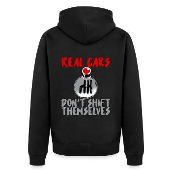Real Cars Don't Shift Themselves - Unisex Premium Bio Zip Hoodie - Schwarz - Hinten - Nico (187cm)