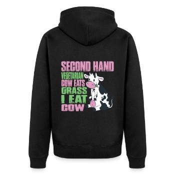 Second Hand Vegetarian, Cow Eats Grass, I Eat Cow - Unisex Premium Bio Zip Hoodie - Schwarz - Hinten - Nico (187cm)