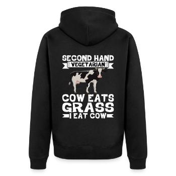 Second Hand Vegetarian, Cow Eats Grass, I Eat Cow2 - Unisex Premium Organic Zip Hoodie - black - Back - Nico (187cm)