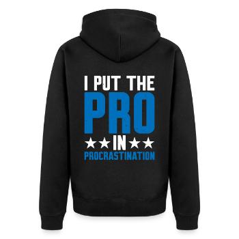 I Put The Pro In Procrastination 9 - Unisex Premium Bio Zip Hoodie - Schwarz - Hinten - Nico (187cm)