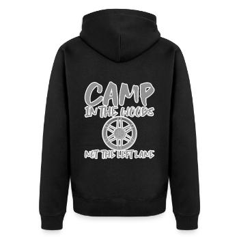 Camp In The Woods, Not The Left Lane - Unisex Premium Bio Zip Hoodie - Schwarz - Hinten - Nico (187cm)