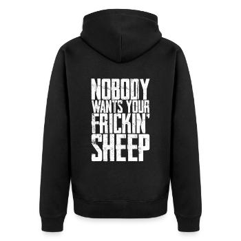 Nobody Wants Your Frickin' Sheep 4 - Unisex Premium Bio Zip Hoodie - Schwarz - Hinten - Nico (187cm)
