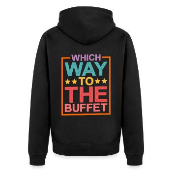 Which Way To The Buffet 15 - Unisex Premium Bio Zip Hoodie - Schwarz - Hinten - Nico (187cm)