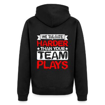 We Tailgate Harder Than Your Team Plays 2 - Unisex Premium Bio Zip Hoodie - Schwarz - Hinten - Nico (187cm)