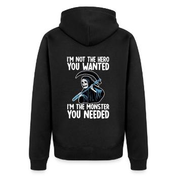 Not The Hero You Wanted, The Monster You Needed 2 - Unisex Premium Bio Zip Hoodie - Schwarz - Hinten - Nico (187cm)