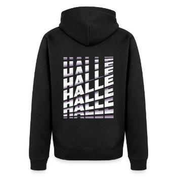 Halle Deutschland Stadt Schrift Skyline Heimat - Unisex Premium Bio Zip Hoodie - Schwarz - Hinten - Nico (187cm)