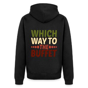 Which Way To The Buffet 19 - Unisex Premium Bio Zip Hoodie - Schwarz - Hinten - Nico (187cm)