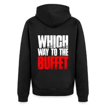 Which Way To The Buffet 20 - Unisex Premium Bio Zip Hoodie - Schwarz - Hinten - Nico (187cm)