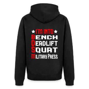 Im Into BDSM Bench Squat Deadlift Military Press18 - Unisex Premium Organic Zip Hoodie - black - Back - Nico (187cm)