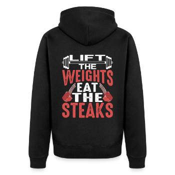 Lift The Weights, Eat The Steaks 7 - Unisex Premium Organic Zip Hoodie - black - Back - Nico (187cm)