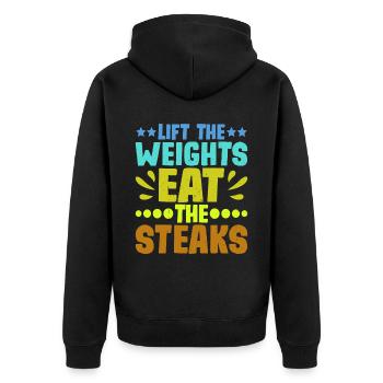 Lift The Weights, Eat The Steaks 8 - Unisex Premium Organic Zip Hoodie - black - Back - Nico (187cm)