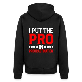 I Put The Pro In Procrastination 13 - Unisex Premium Bio Zip Hoodie - Schwarz - Hinten - Nico (187cm)