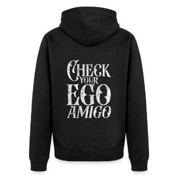 Check Your Ego Amigo 3 - Unisex Premium Bio Zip Hoodie - Schwarz - Hinten - Nico (187cm)