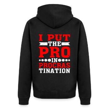 I Put The Pro In Procrastination 16 - Unisex Premium Bio Zip Hoodie - Schwarz - Hinten - Nico (187cm)