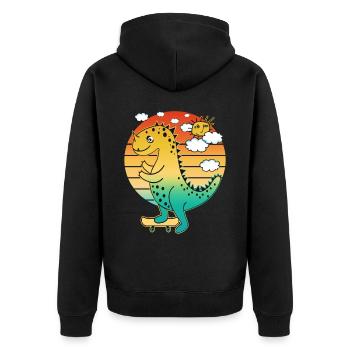 Cartoon Saurier mit erstem Zahn auf Skateboard. - Unisex Premium Bio Zip Hoodie - Schwarz - Hinten - Nico (187cm)