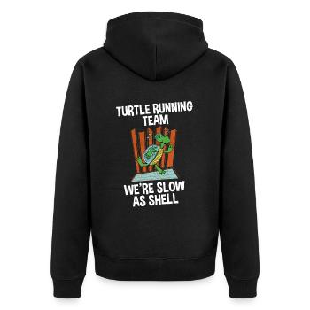 Turtle Running Team, We're Slow As Shell 2 - Unisex Premium Organic Zip Hoodie - black - Back - Nico (187cm)