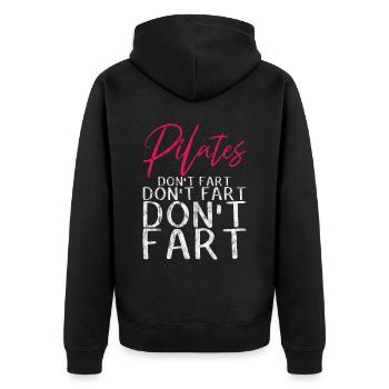 Pilates Don't Fart Don't Fart Don't Fart 3 - Unisex Premium Bio Zip Hoodie - Schwarz - Hinten - Nico (187cm)