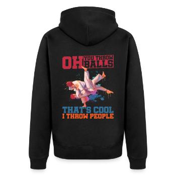 Oh, You Throw Balls, That's Cool, I Throw People - Unisex Premium Organic Zip Hoodie - black - Back - Nico (187cm)