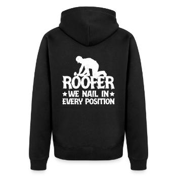 Roofer We Nail In Every Position 3 - Unisex Premium Bio Zip Hoodie - Schwarz - Hinten - Nico (187cm)