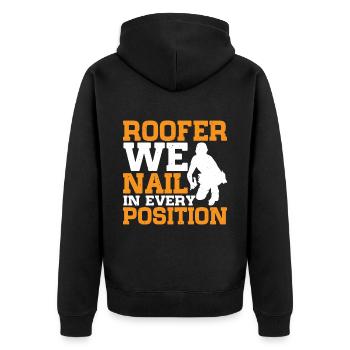 Roofer We Nail In Every Position 2 - Unisex Premium Bio Zip Hoodie - Schwarz - Hinten - Nico (187cm)