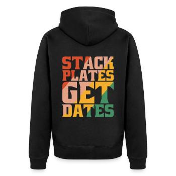 Stack Plates Get Dates 5 - Unisex Premium Bio Zip Hoodie - Schwarz - Hinten - Nico (187cm)