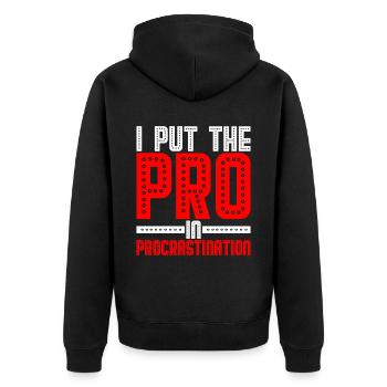 I Put The Pro In Procrastination 21 - Unisex Premium Bio Zip Hoodie - Schwarz - Hinten - Nico (187cm)