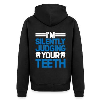 I'm Silently Judging Your Teeth 11 - Unisex Premium Bio Zip Hoodie - Schwarz - Hinten - Nico (187cm)