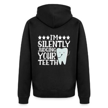 I'm Silently Judging Your Teeth 12 - Unisex Premium Bio Zip Hoodie - Schwarz - Hinten - Nico (187cm)