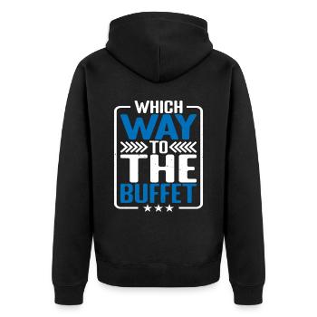 Which Way To The Buffet 23 - Unisex Premium Bio Zip Hoodie - Schwarz - Hinten - Nico (187cm)