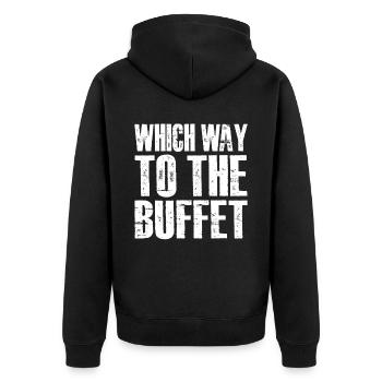 Which Way To The Buffet 25 - Unisex Premium Bio Zip Hoodie - Schwarz - Hinten - Nico (187cm)
