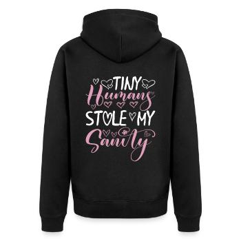 Tiny Humans Stole My Sanity 9 - Unisex Premium Bio Zip Hoodie - Schwarz - Hinten - Nico (187cm)