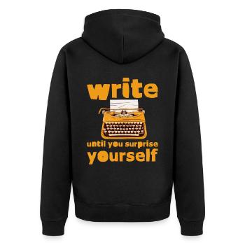 Write Until You Surprise Yourself - Unisex Premium Bio Zip Hoodie - Schwarz - Hinten - Nico (187cm)