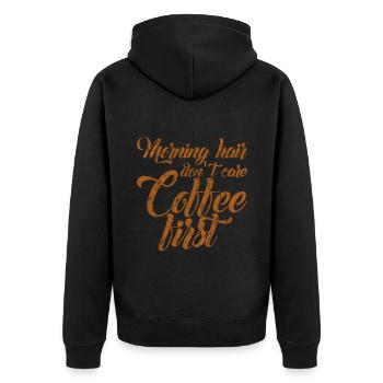Morning Hair Don't Care, Coffee First 3 - Unisex Premium Bio Zip Hoodie - Schwarz - Hinten - Nico (187cm)