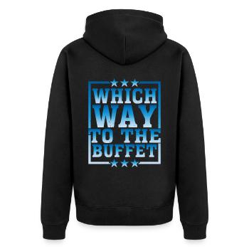 Which Way To The Buffet 27 - Unisex Premium Bio Zip Hoodie - Schwarz - Hinten - Nico (187cm)