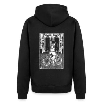 Mit trendigem Shirt auf Stadterkundung per Fahrrad - Unisex Premium Bio Zip Hoodie - Schwarz - Hinten - Nico (187cm)