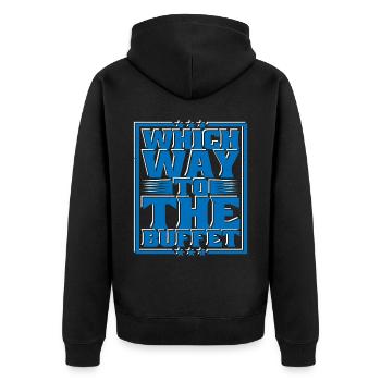 Which Way To The Buffet 31 - Unisex Premium Bio Zip Hoodie - Schwarz - Hinten - Nico (187cm)