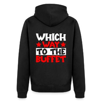 Which Way To The Buffet 32 - Unisex Premium Bio Zip Hoodie - Schwarz - Hinten - Nico (187cm)