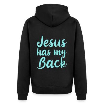 Jesus Has My Back 4 - Unisex Premium Bio Zip Hoodie - Schwarz - Hinten - Nico (187cm)