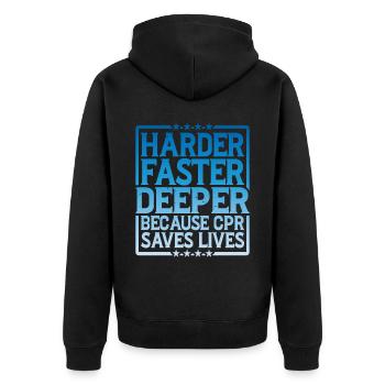 Plus difficile, plus rapide, plus profond parce que la RCR sauve des vies 8 - Veste à capuche bio Premium Unisexe - noir - Dos - Nico (187cm)