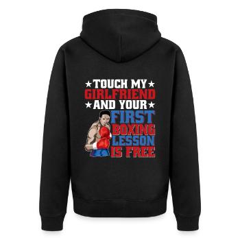 Touch My Girl And Your First Boxing Is Free 2 - Unisex Premium Bio Zip Hoodie - Schwarz - Hinten - Nico (187cm)