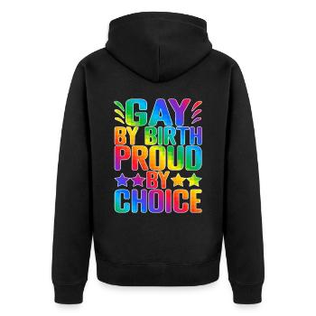 Gay By Birth Proud By Choice 2 - Unisex Premium Bio Zip Hoodie - Schwarz - Hinten - Nico (187cm)