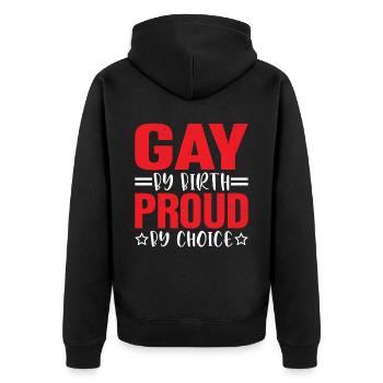 Gay By Birth Proud By Choice 3 - Unisex Premium Bio Zip Hoodie - Schwarz - Hinten - Nico (187cm)