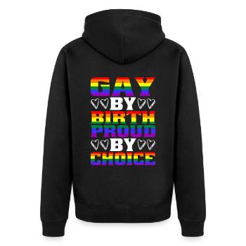 Gay By Birth Proud By Choice - Unisex Premium Bio Zip Hoodie - Schwarz - Hinten - Nico (187cm)